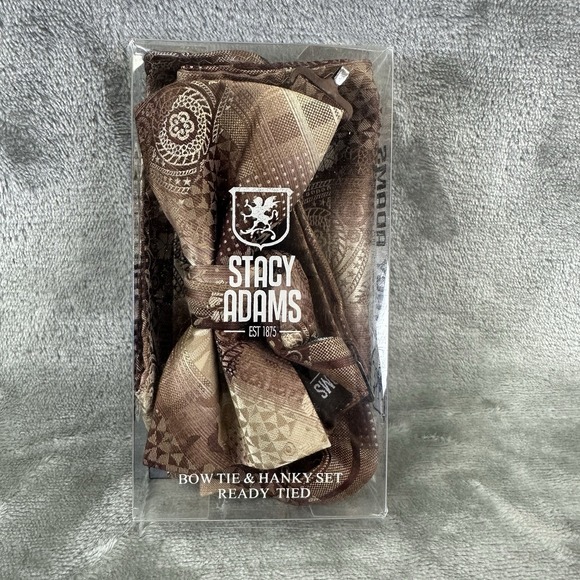 Stacy Adams Other - Stacy Adams Bow Tie Hanky Set Brown Geometric Print Ready Tied Microfiber NEW
